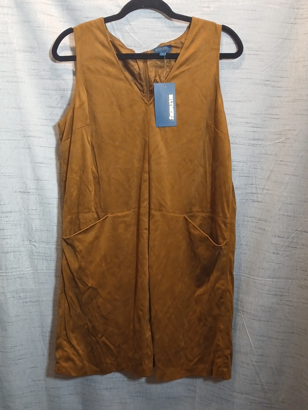 Biltmore Women's Suede V-Neck Bronze Jumper Faux Suede Shift Dress Sz L NWT